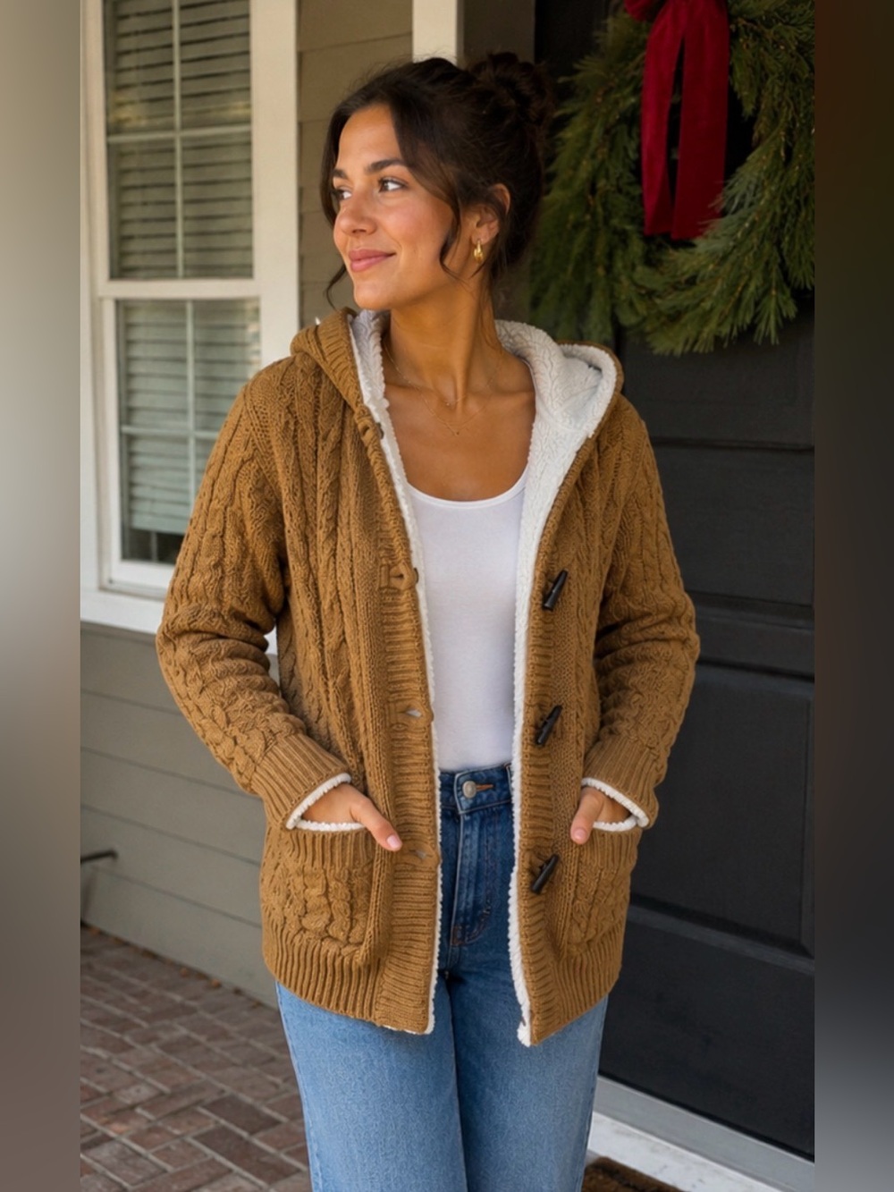 Cabela’s Lodge Cable Knit Sherpa Lined Hooded Toggle Cardigan Sweater Jacket